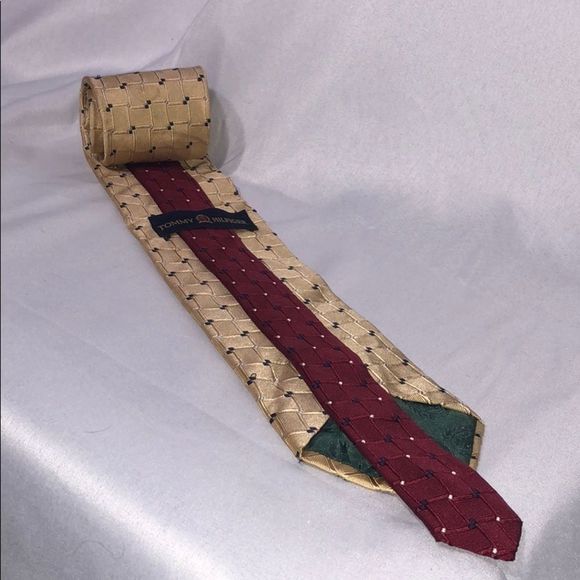 Tommy Hilfiger silk neck tie gold maroon navy squares front burgundy back men OS - Picture 1 of 6